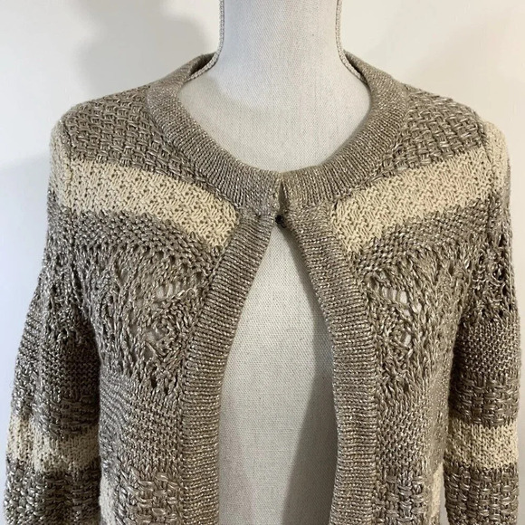 Chicos Metallic Silver And Tan Striped Chunky Sweater Shrug Size 0 Cotton Blend - Picture 4 of 8